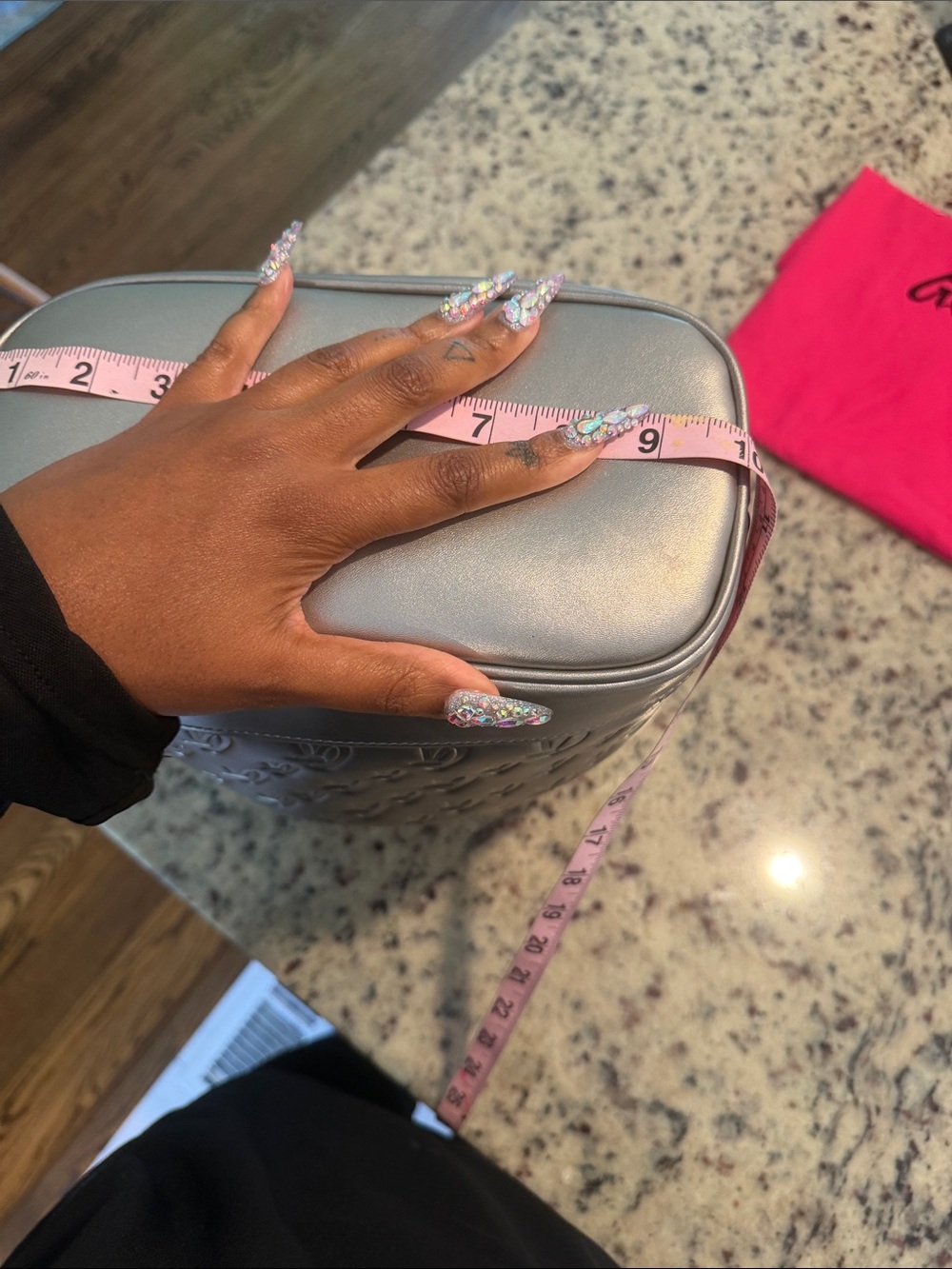 Glam-Aholic Monogram Metallic Silver Embossed Drawstring Bucket Shoulder Bag - Picture 4 of 15